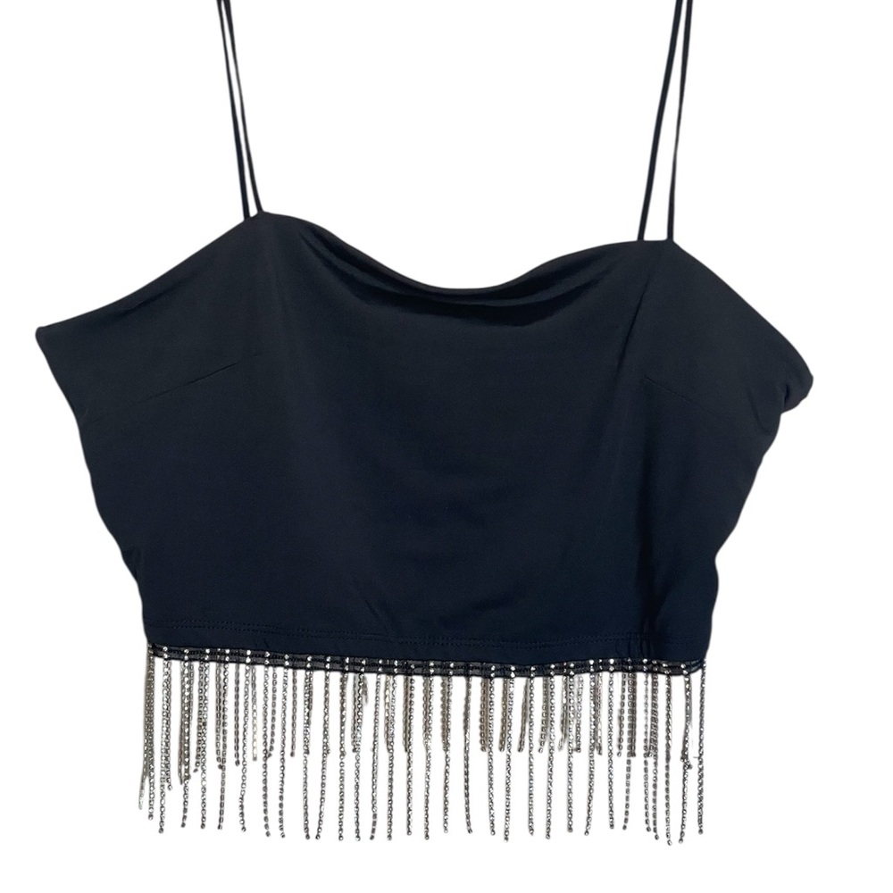J for Justify Black Crop Top with Silver Fringe